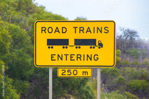 Road Trains entering in 250 meters ahead street sign in Australia