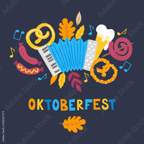 Oktoberfest greeting card with accordion, pretzel, beer, sausage, leaves, notes