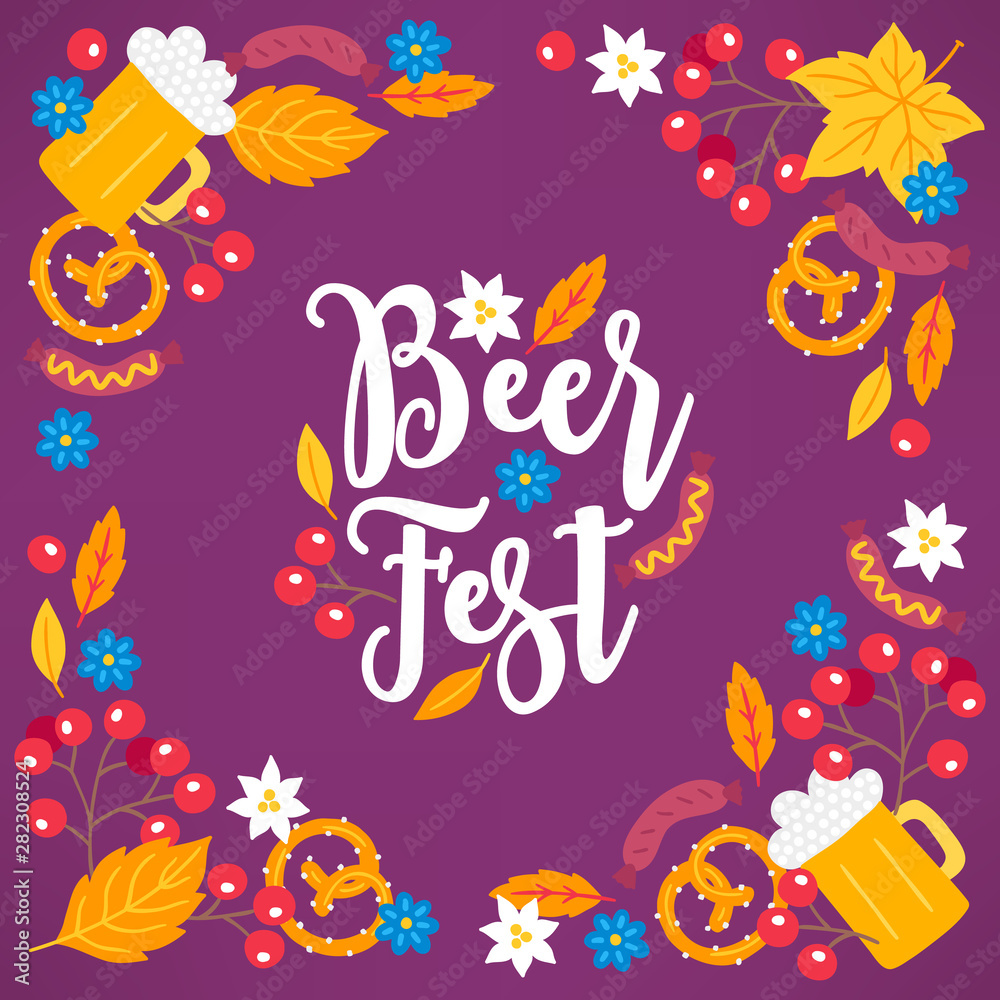 Oktoberfest greeting card with corner ornament - berry, beer, glass, sausage Oktoberfest greeting card with corner ornament - berry, beer, glass, sausage