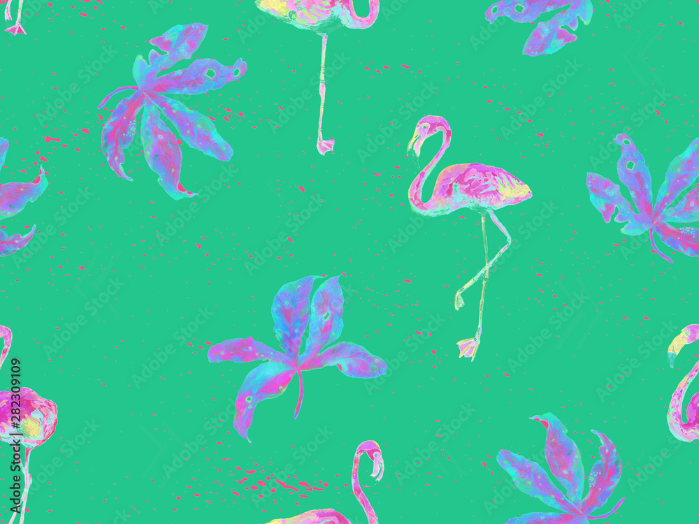 Large flamingo green hawaiian seamless pattern.