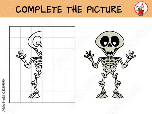 Complete the picture of a skeleton. Copy the picture. Coloring book. Educational game for children. Cartoon vector illustration