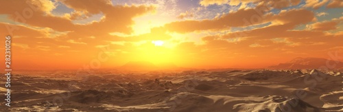 Desert at sunset, the sun in the clouds over the desert, 3D rendering