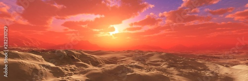 Desert at sunset, the sun in the clouds over the desert, 3D rendering © ustas