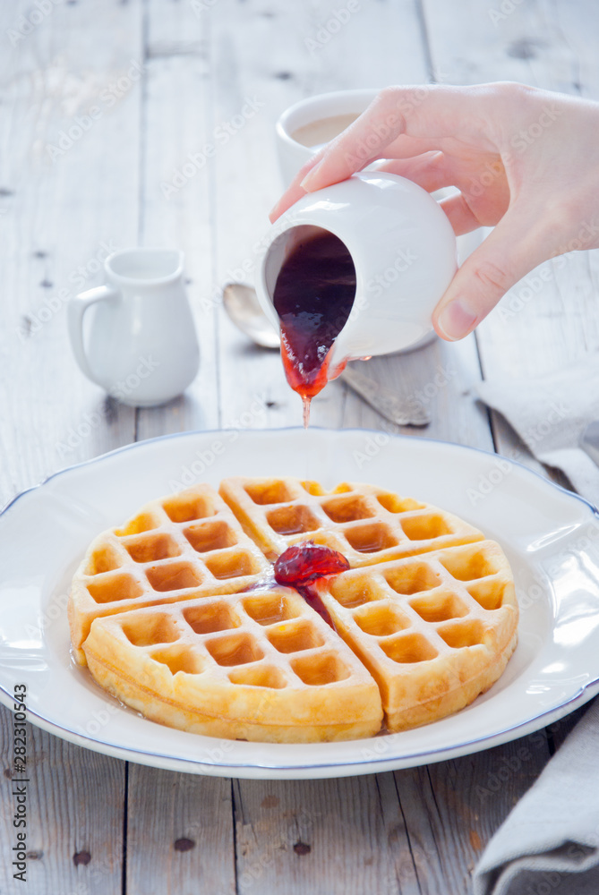 Homemade Waffles with Strawberry Jam for breakfast Homemade Waffles with Strawberry Jam for breakfast