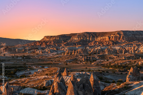 Cappadocia, Turkey, beautiful landscape at the sunset. The panoramic view at the Rose Valley.