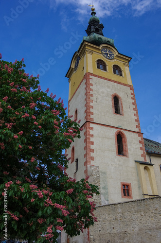 Bell tower of old castle in the historical center in Banska Bystrica, Slovakia