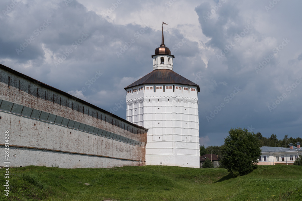 Tower and walls of Kirillo-Belozersky monastery. Monastery of the Russian Orthodox Church, located within the city of Kirillov, Vologda region. Center of the spiritual life of the Russian North.