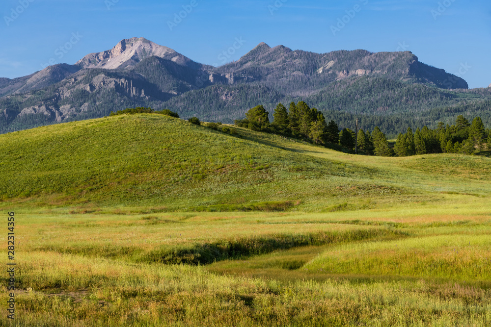 Mountain peaks above a beautiful grassy meadow and  hills - the Rocky Mountains near Pagosa Springs, Colorado