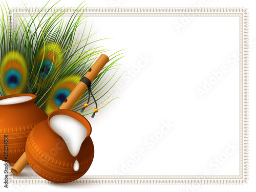 Happy Krishna Janmashtami background with pots, bansuri and peacock feathers. Copy space. Religious Hindu festival vector illustration of Lord Krishna.