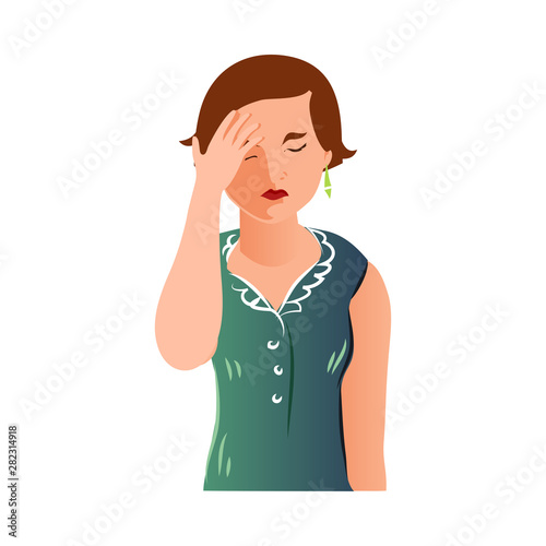 Cute tired mother in green dress cover her face