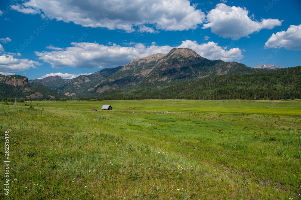 Fototapeta premium Rural scene of grassy fields and an old weathered cabin on a ranch under a beautiful blue sky with puffy white clouds in the Rocky Mountains near Pagosa Springs, Colorado