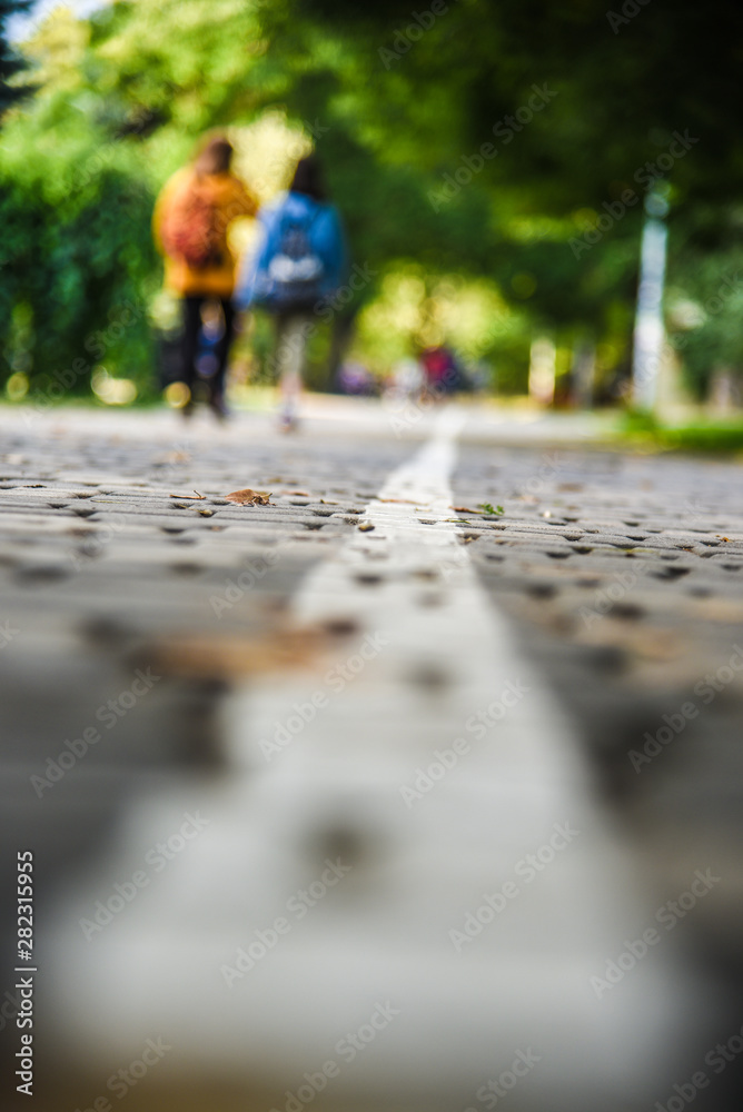 a walk in the park along the path is blurred