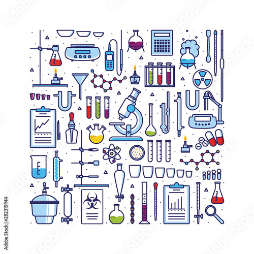 Square concept with 50 types of laboratory equipments and instruments in a flat style with a wide outline. Set of multicolor icons on the theme of chemistry.