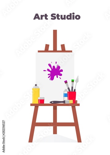Easel, canvas, paint and all necessary tools for drawing. Beautiful composition for advertising art Studio.