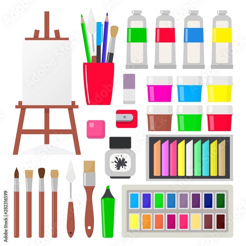Painting tools set. Various art supplies. Drawing creative materials for workshops designs.