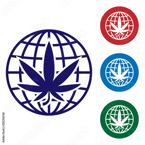 Blue Legalize marijuana or cannabis globe symbol icon isolated on white background. Hemp symbol. Set color icons in circle buttons. Vector Illustration