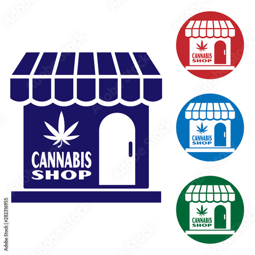 Blue Marijuana and cannabis store icon isolated on white background. Equipment and accessories for smoking, storing medical cannabis. Set color icons in circle buttons. Vector Illustration