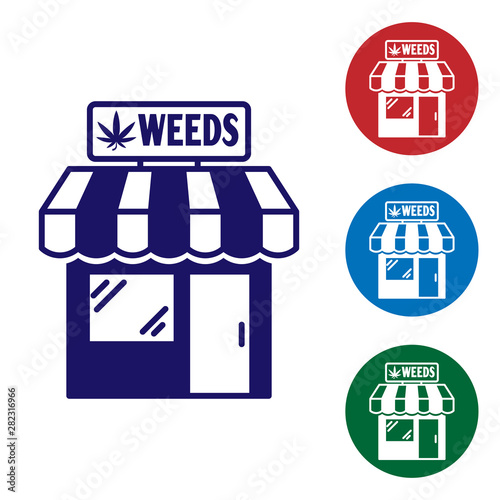 Blue Marijuana and cannabis store icon isolated on white background. Equipment and accessories for smoking, storing medical cannabis. Set color icons in circle buttons. Vector Illustration