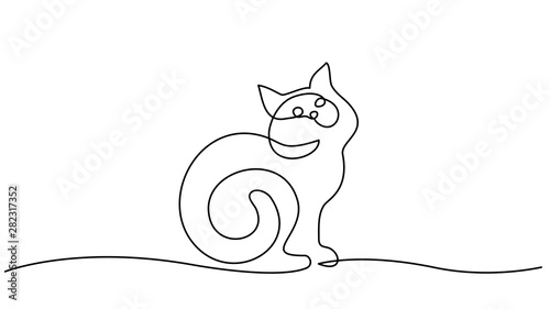 One line drawing. Cat sitting with curled tail