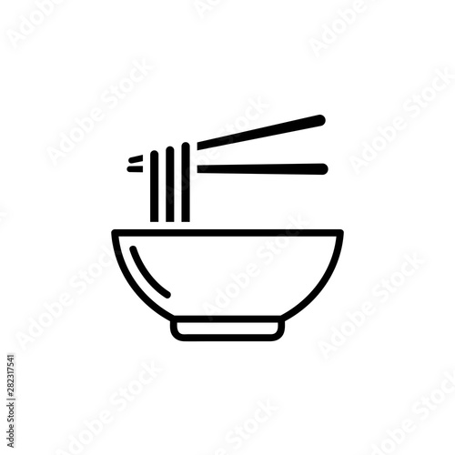 Noodles bowl black line vector icon. Flat black line vector for portion noodles with two chopsticks on white background.