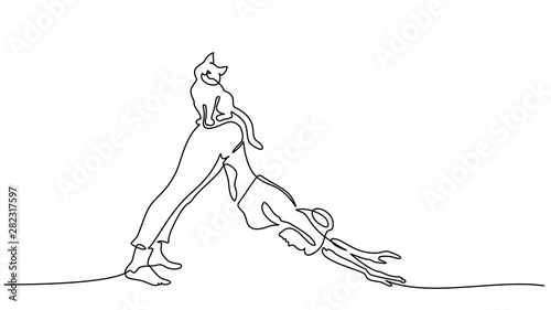 One line drawing. Woman doing yoga dog pose