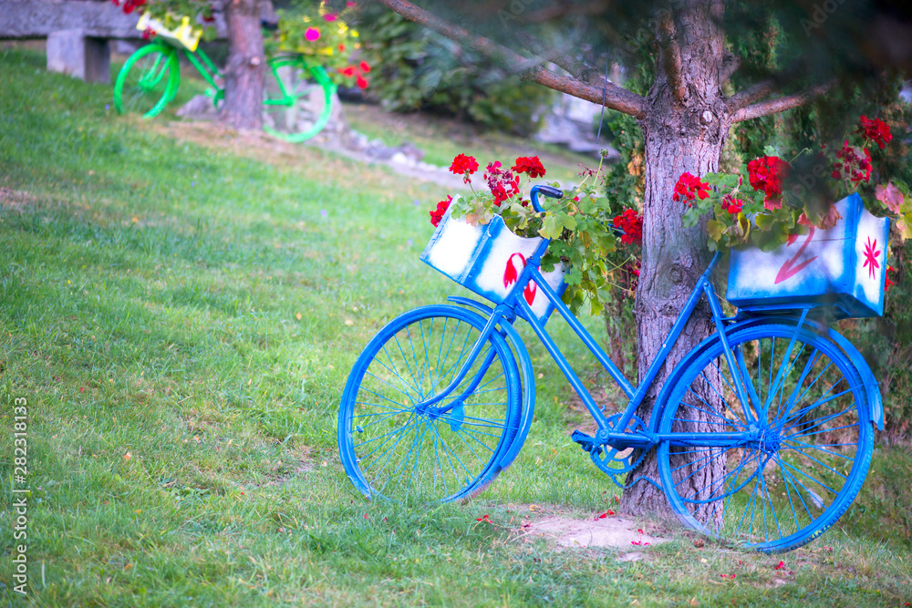 Ornamental bicycle with flowers on it