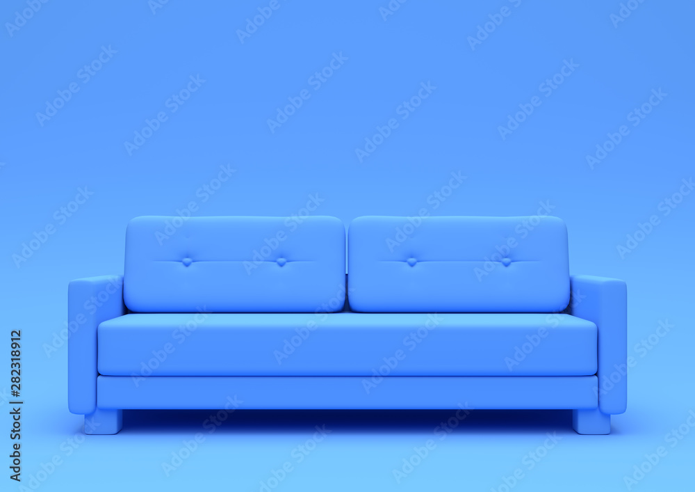 Modern sofa, couch isolated on a pastel blue living room. Empty interior background . Minimal creative style concept. 3D rendering illustration front view Modern sofa, couch isolated on a pastel blue living room. Empty interior background . Minimal creative style concept. 3D rendering illustration front view