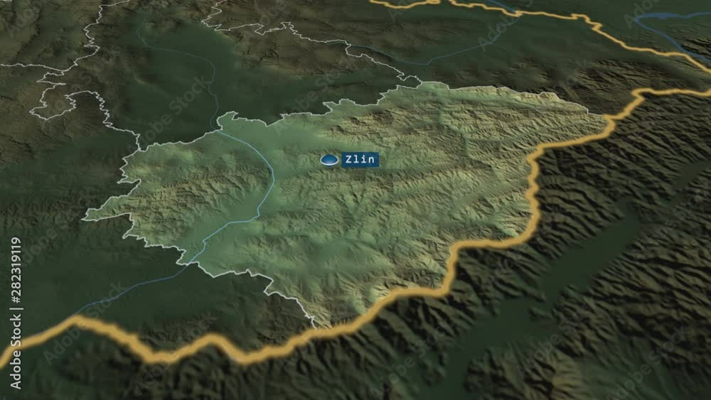 Zlínský - region of Czech Republic with its capital zoomed on the physical map of the globe. Animation 3D Zlínský - region of Czech Republic with its capital zoomed on the physical map of the globe. Animation 3D
