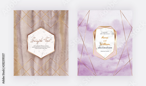 Nude and pink watercolor card with marble frame, golden lines design. Hand painted paper texture. Modern template for wedding invitation, greeting, banner, flyer, poster, save the date