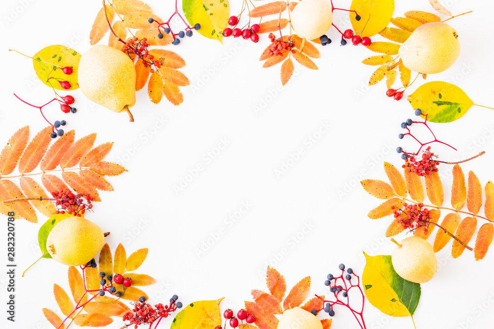Flat lay frame with colorful autumn leaves and berries on a white background