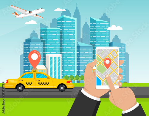 Booking taxi via mobile app. City skyscrapers, airplane and car on the background. Vector illustration.