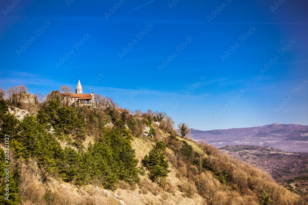 Gracisce Gračišće Croatia / 27th February 2019: Medieval town Gracisce in Istria Istra view on valley and Ucka mountain