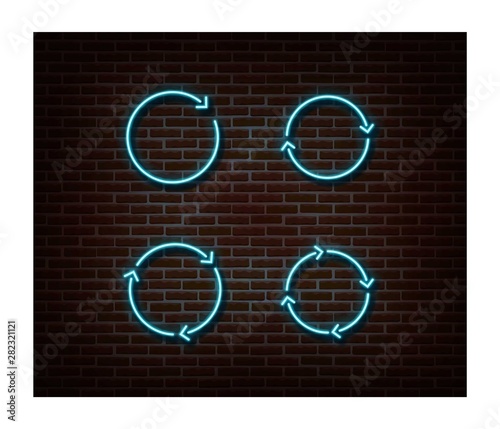 Neon upload, reload signs vector isolated on brick wall. Load light symbol, decoration effect. Neon 