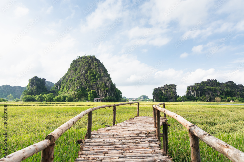 Wooden bridge going through rice field towards mountains of Tam Coc park in Ninh Binh, Vietnam