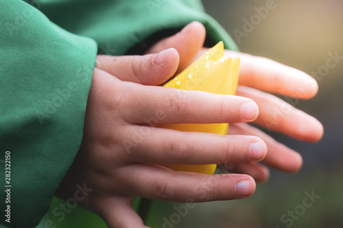 Close-up image of the hands of a little girl trying to touch a yellow tulip flower