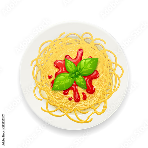 Spaghetti at plate. Pasta with ketchup. Noodles decorated basil leaf. Italian traditional food Isolated on white background. Eps10 vector illustration.