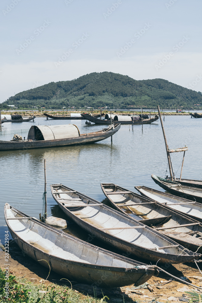 Traditional Vietnamese fishing boats with oval roofs, Vietnam