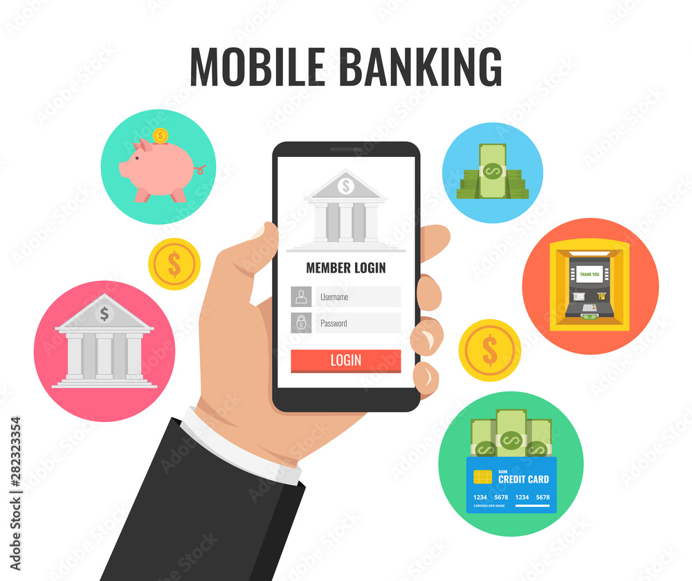 Concept for mobile banking and online payment. Finance icons set. Vector illustration. Concept for mobile banking and online payment. Finance icons set. Vector illustration.