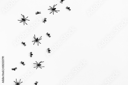 Halloween decorations concept. Halloween with spiders on white background. Flat lay, top view, copy space