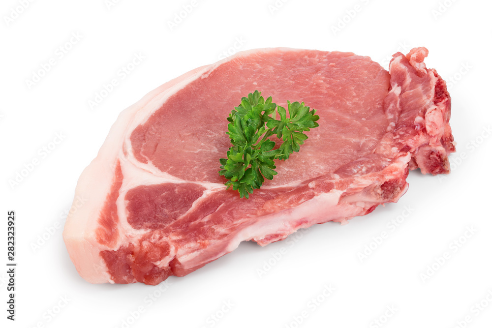 sliced raw pork meat with parsley isolated on white background sliced raw pork meat with parsley isolated on white background