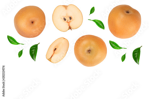 Fresh asian pear with leaves isolated on white background. Top view.