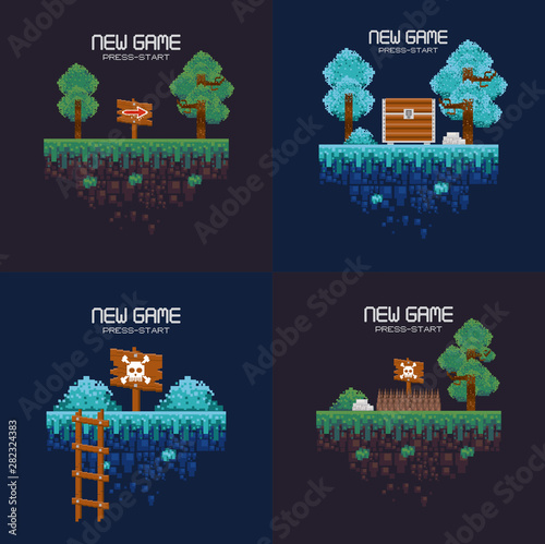 Retro videogame pixelated set of landscapes