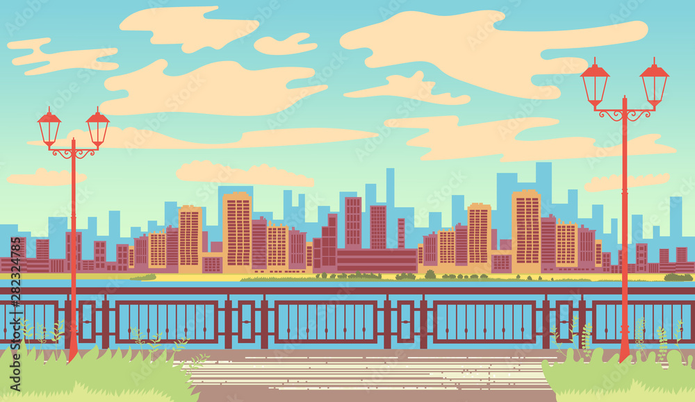 Landscape by the sea. Seafront. First line. Retro landscape. View of the metropolis. Vector editable illustration