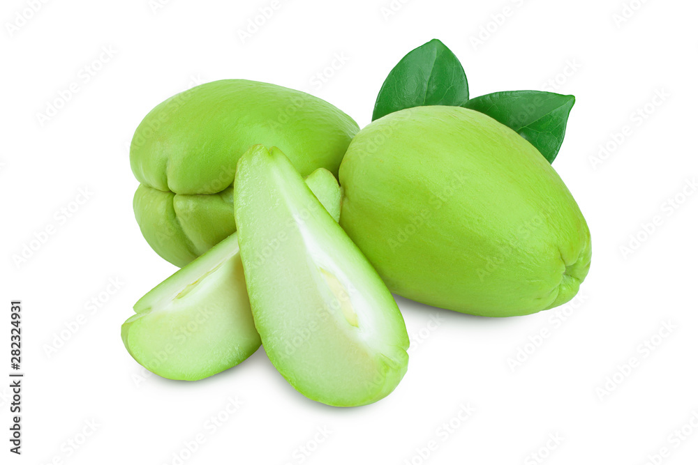 fresh Chayote vegetable or mexican cucumber with leaf isolated on white background