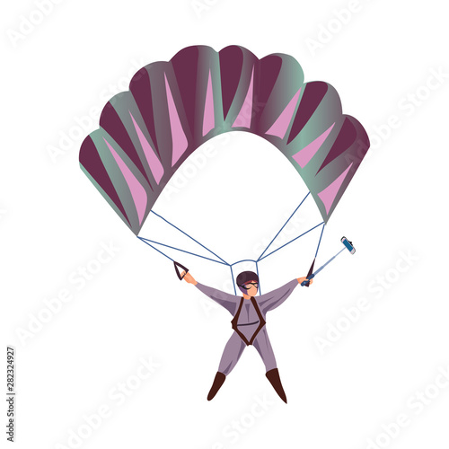 Cute modern parachuter in clothes make selfie photo in air