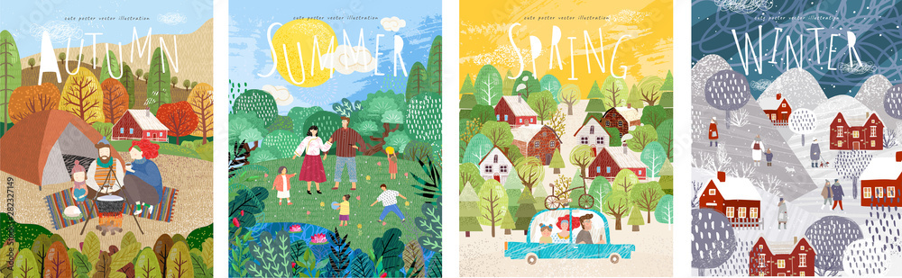 4 seasons: Autumn, winter, spring, summer. Vector cute illustration of ...