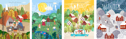 4 seasons: Autumn, winter, spring, summer. Vector cute illustration of a family on nature in the camp, traveling by car, and people on the street for the New Year and Christmas