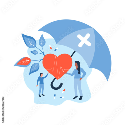 Concept of health protections and disease prevention. People, doctors, heart and pulse, man and woman, medications under umbrella. Vector illustration in flat style for poster, banner of medical care.