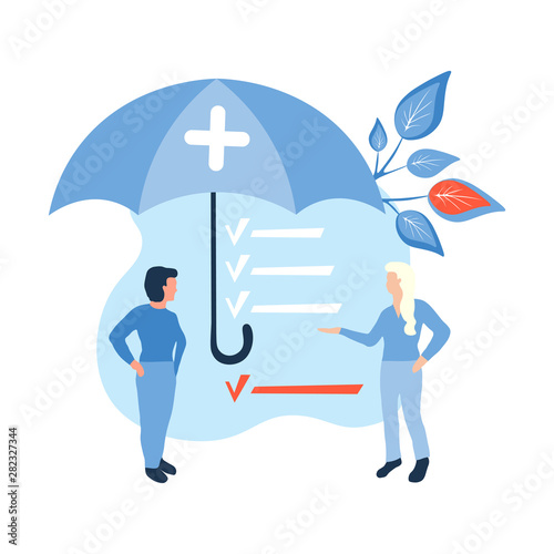 The concept of signing health insurance. Two women and a list of items under an umbrella. Healthcare, finance and medical service. Flat vector illustration in cartoon style.