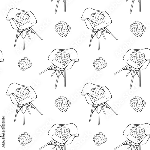 Chair with modern knot pillow outline doodle pattern. Coloring page with furniture background. Coloring book page for children and adults